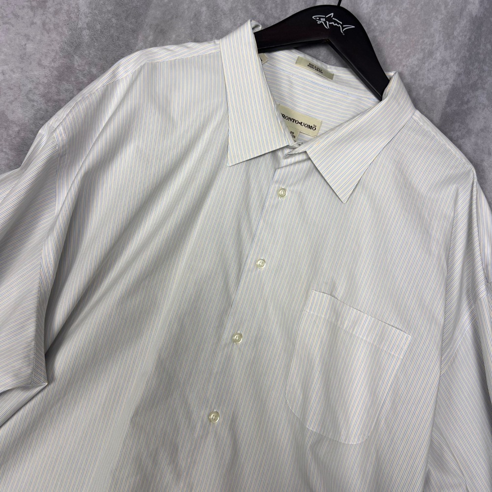 Pronto Uomo Dress Shirt Mens 20 34/35 White Blue Yellow Stripe NonIron Excellent